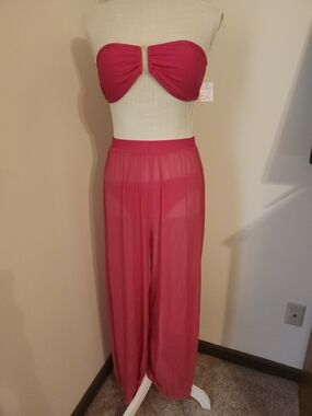 Fuchsia Strapless Bandeau Bikini with Sheer Wide-Leg Cover-Up Pants